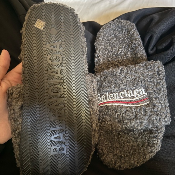 Balenciaga Grey Plush Slides - Picture 2 of 4